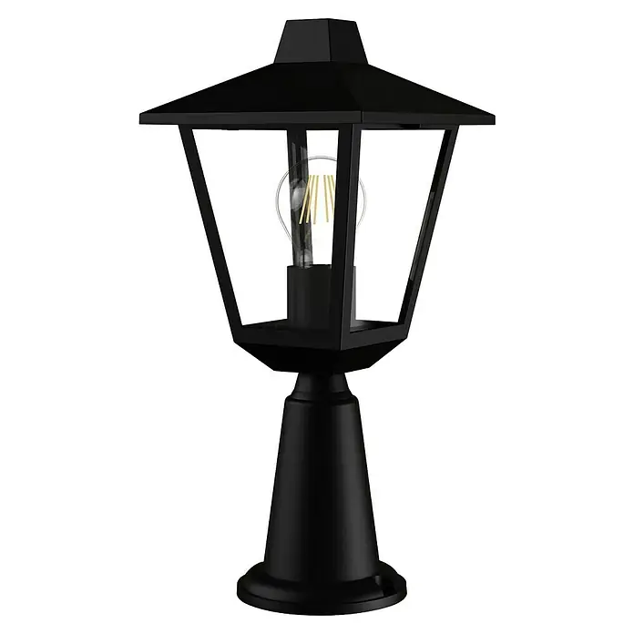 Philips Sobremuro exterior Kinno - 25 W, Color del marco: Negro, 17 x 17 x 39 cm, Sin bombillas - Farol exterior negro con paneles de cristal transparente y bombilla LED de filamento visible.