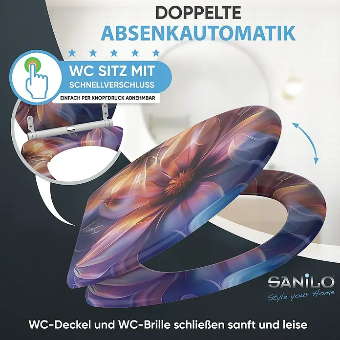 SANILO WC-Sitz Nuvana mit Schnellverschluss - MDF, Blau|Lila|Orange, Mit Absenkautomatik