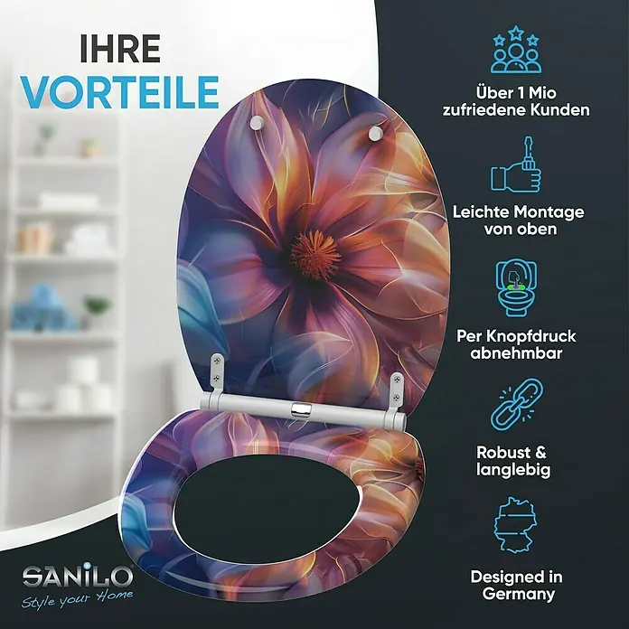 SANILO WC-Sitz Nuvana mit Schnellverschluss - MDF, Blau|Lila|Orange, Mit Absenkautomatik