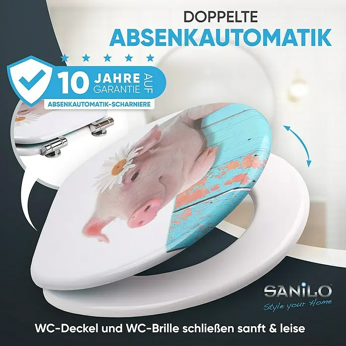 SANILO WC-Sitz Schwein mit Absenkautomatik - MDF, Türkis, Mit Absenkautomatik