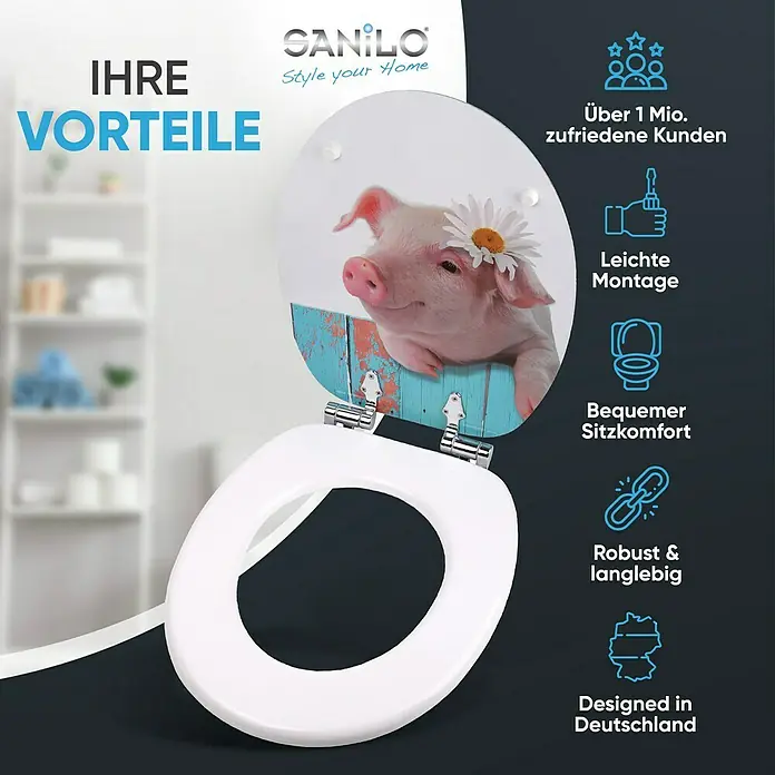 SANILO WC-Sitz Schwein mit Absenkautomatik - MDF, Türkis, Mit Absenkautomatik