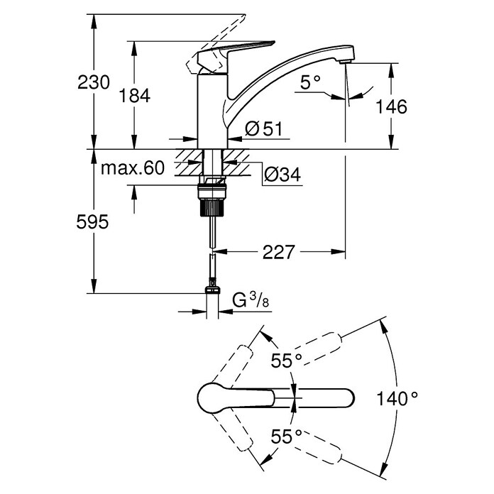 Grohe QuickFix Spültischarmatur Start (Ausladung Armatur: 227 mm, Chrom, Schwenkbereich: 140 °) | BAUHAUS