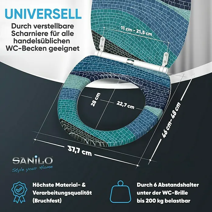 SANILO WC-Sitz Marin mit Schnellverschluss - MDF, Blau, Mit Absenkautomatik