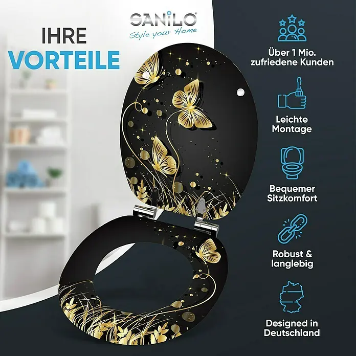 SANILO WC-Sitz Silhouette mit Absenkautomatik - MDF, Schwarz, Mit Absenkautomatik