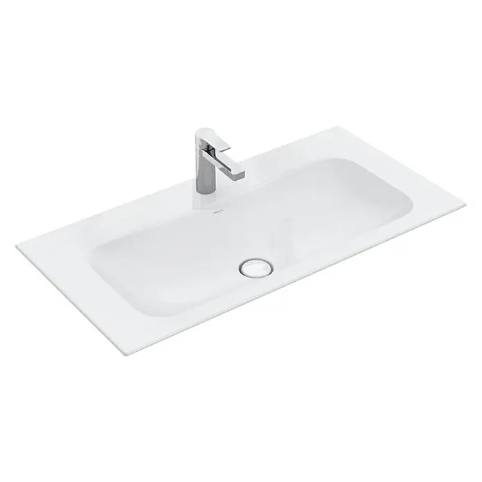 Villeroy & Boch Finion Einbauwaschbecken - 120 x 50 cm, Mit schmutzabweisender Glasur, Ohne Überlaufloch, Hahnloch: Mitte, Weiß - Elegantes Waschbecken mit Armatur. Das Design ist modern und die Oberfläche glänzend weiß. Perfekt für jedes Badezimmer.