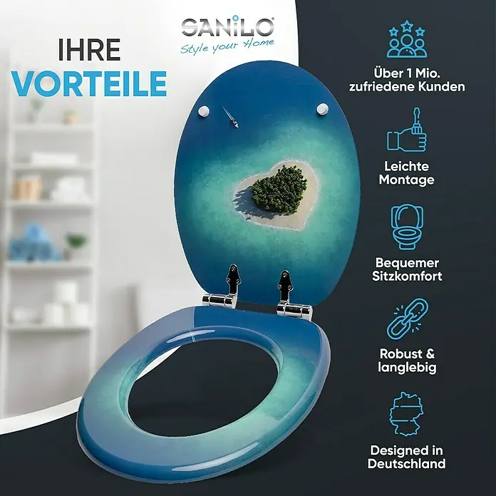 SANILO WC-Sitz Dream Island mit Absenkautomatik - MDF, Blau, Mit Absenkautomatik