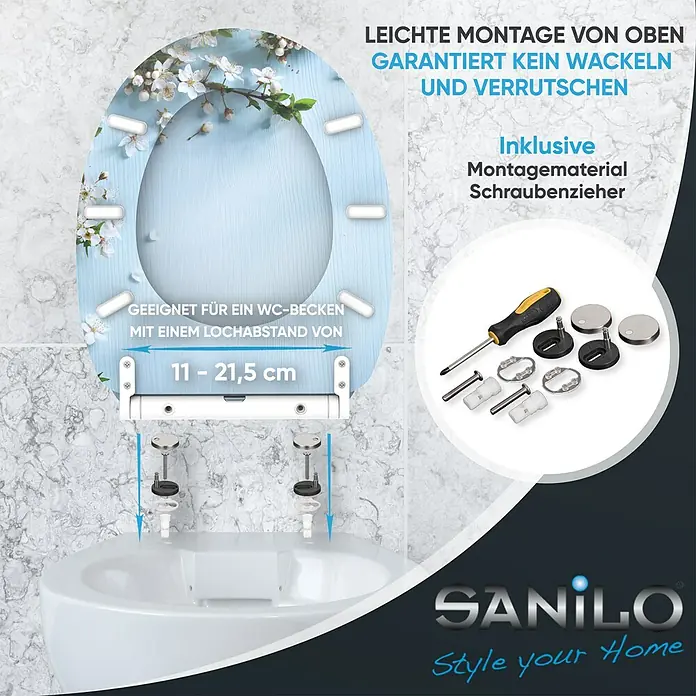 SANILO WC-Sitz Sakura mit Schnellverschluss - MDF, Blau, Mit Absenkautomatik