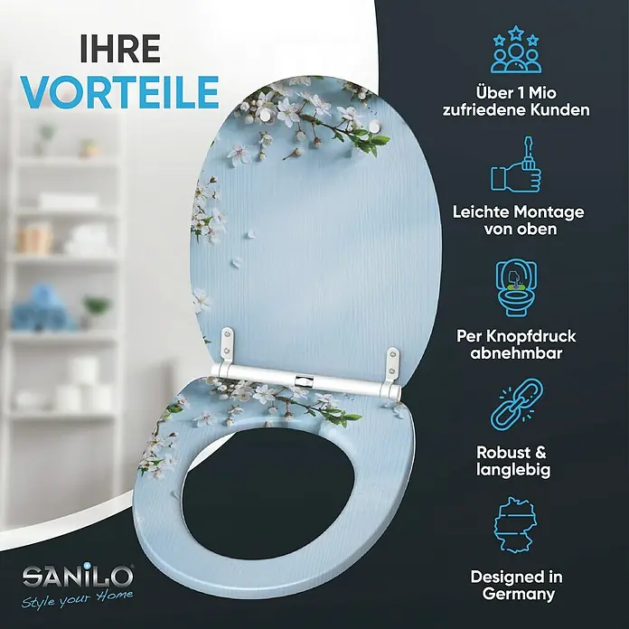 SANILO WC-Sitz Sakura mit Schnellverschluss - MDF, Blau, Mit Absenkautomatik