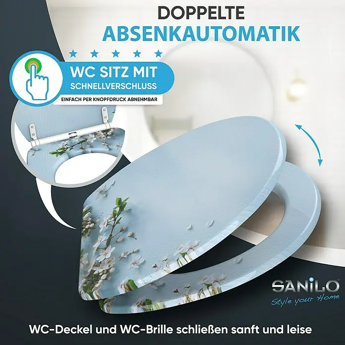 SANILO WC-Sitz Sakura mit Schnellverschluss - MDF, Blau, Mit Absenkautomatik