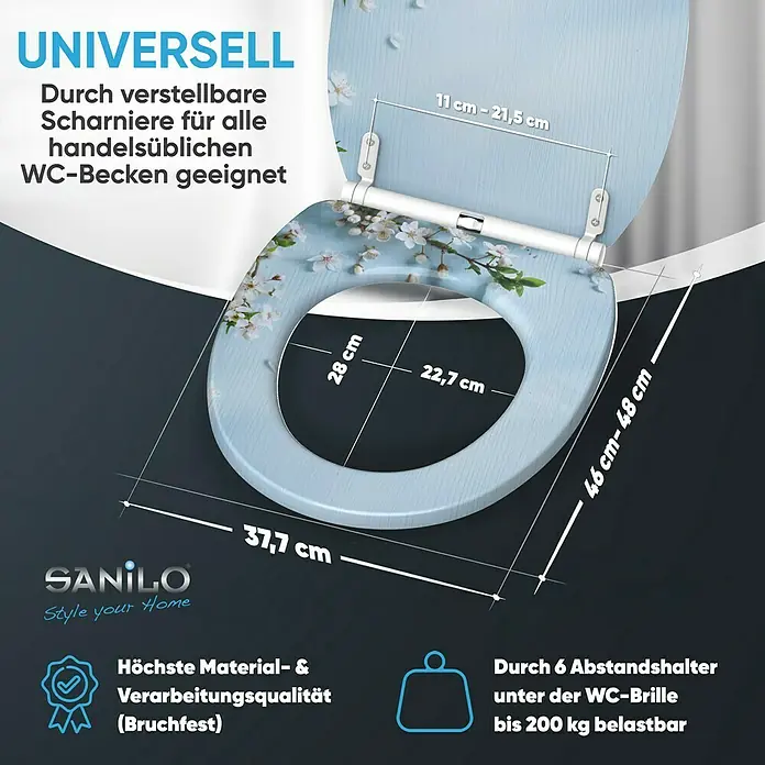 SANILO WC-Sitz Sakura mit Schnellverschluss - MDF, Blau, Mit Absenkautomatik