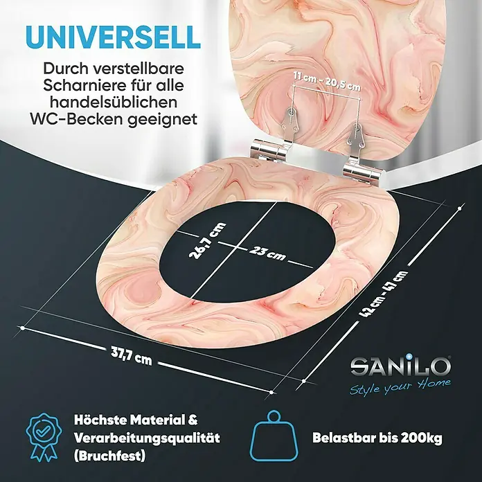SANILO WC-Sitz Marmor Rosa mit Absenkautomatik - MDF, Pink, Mit Absenkautomatik