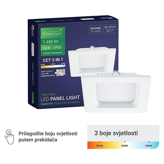 Green Tech Ugradbena LED svjetiljka  (18 W, D x Š x V: 220 x 220 x 25 mm, Bijela) | BAUHAUS