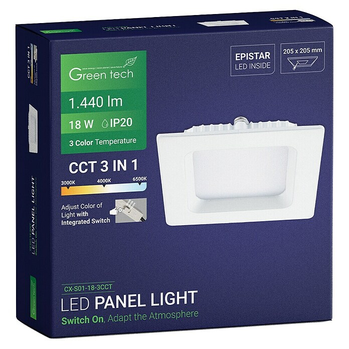 Green Tech Ugradbena LED svjetiljka  (18 W, D x Š x V: 220 x 220 x 25 mm, Bijela) | BAUHAUS