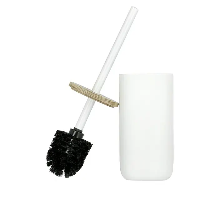 Venus Katta WC-Bürstengarnitur - Weiß, Polyresin - Ein WC-Bürsten-Set mit einem weißen Halter und einer Bürste mit schwarzen Borsten und einem weißen Griff mit einem Holzdetail.