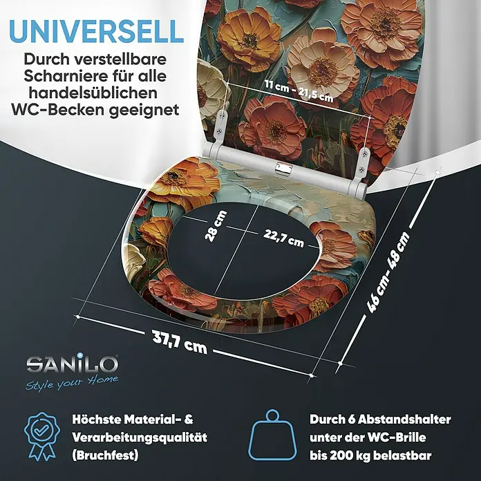 SANILO WC-Sitz Florum mit Schnellverschluss - MDF, Orange|Rot|Blau, Mit Absenkautomatik