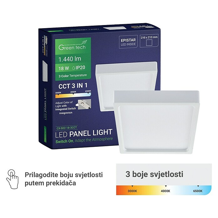 Green Tech LED panel  (18 W, D x Š x V: 210 x 210 x 40 mm, Bijela) | BAUHAUS