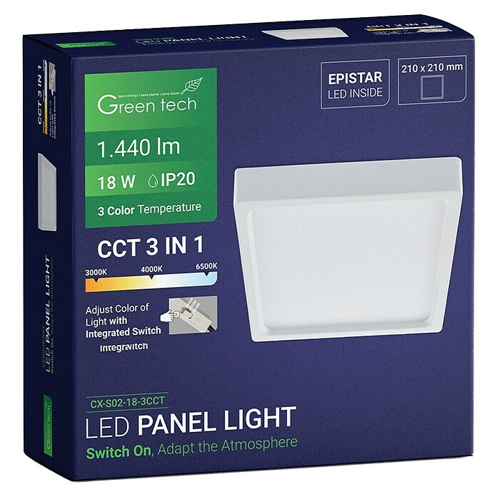 Green Tech LED panel  (18 W, D x Š x V: 210 x 210 x 40 mm, Bijela) | BAUHAUS