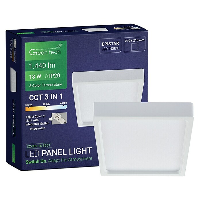 Green Tech LED panel  (18 W, D x Š x V: 210 x 210 x 40 mm, Bijela) | BAUHAUS