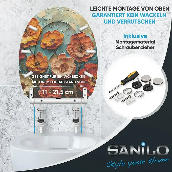 SANILO WC-Sitz Florum mit Schnellverschluss - MDF, Orange|Rot|Blau, Mit Absenkautomatik