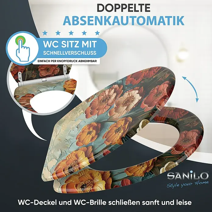 SANILO WC-Sitz Florum mit Schnellverschluss - MDF, Orange|Rot|Blau, Mit Absenkautomatik
