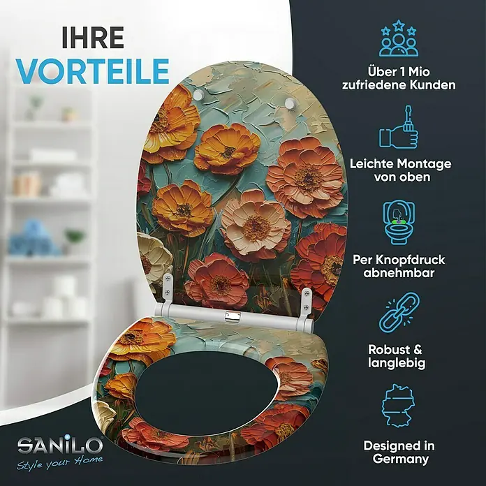 SANILO WC-Sitz Florum mit Schnellverschluss - MDF, Orange|Rot|Blau, Mit Absenkautomatik