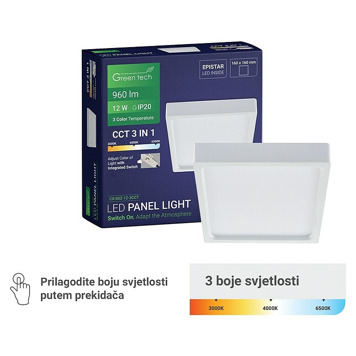 Green Tech LED panel  (12 W, D x Š x V: 160 x 160 x 40 mm, Bijela) | BAUHAUS