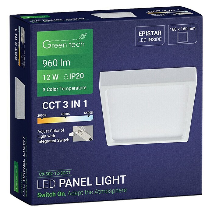 Green Tech LED panel  (12 W, D x Š x V: 160 x 160 x 40 mm, Bijela) | BAUHAUS