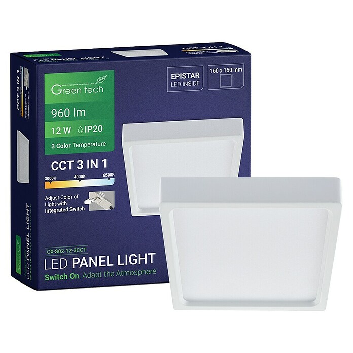 Green Tech LED panel  (12 W, D x Š x V: 160 x 160 x 40 mm, Bijela) | BAUHAUS