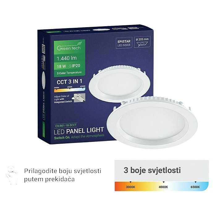 Green Tech LED panel okrugli  (18 W, Ø x V: 22 x 2,5 cm, Bijela) | BAUHAUS