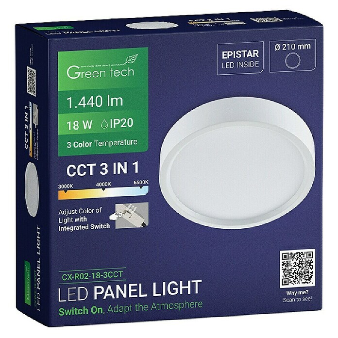 Green Tech LED panel  (18 W, Ø x V: 21 x 4 cm, Bijela) | BAUHAUS