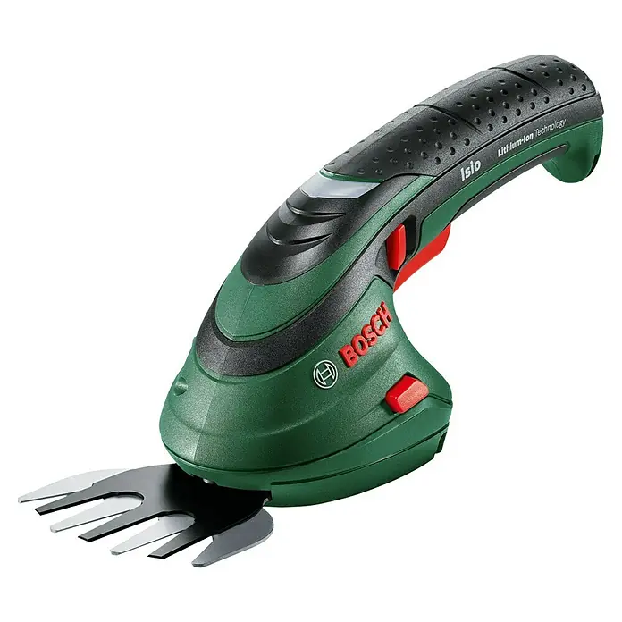 Bosch Akku-Gras- & Strauchschere Isio 3 - 3,6 V, 1 Akku, Schwertbreite: 8 cm - Grüne und schwarze Bosch Isio Akku-Grasschere mit roten Akzenten und Metallklingen.