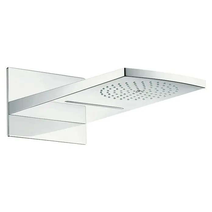 Hansgrohe Kopfbrause Raindance Rainfall 180 - 44,5 x 21,4 cm, Anzahl Funktionen: 2 Stk., Chrom - Bild einer verchromten Hansgrohe Raindance Rainfall 180 Kopfbrause mit Wandarm. Hochwertige Dusche für ein luxuriöses Duscherlebnis.