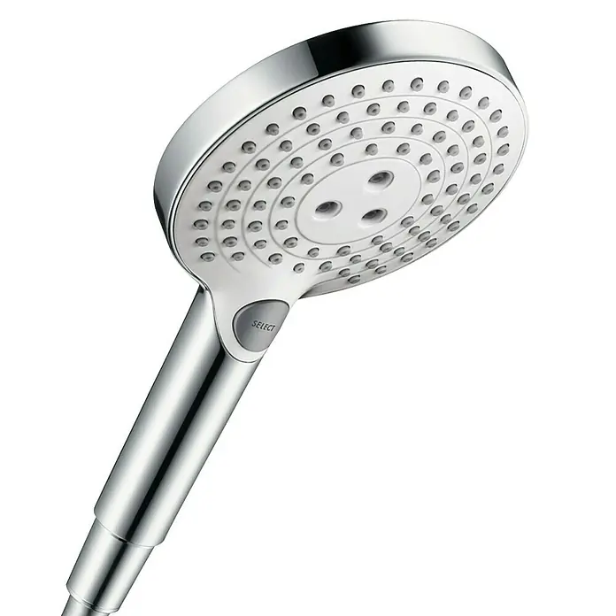 Hansgrohe Handbrause Raindance Select S 120 - Anzahl Funktionen: 3 Stk., Durchmesser: 12,5 cm, Weiß/Chrom - Die moderne Handbrause mit verschiedenen Strahlarten bietet ein luxuriöses Duscherlebnis. Die Chromoberfläche sorgt für Eleganz im Badezimmer.