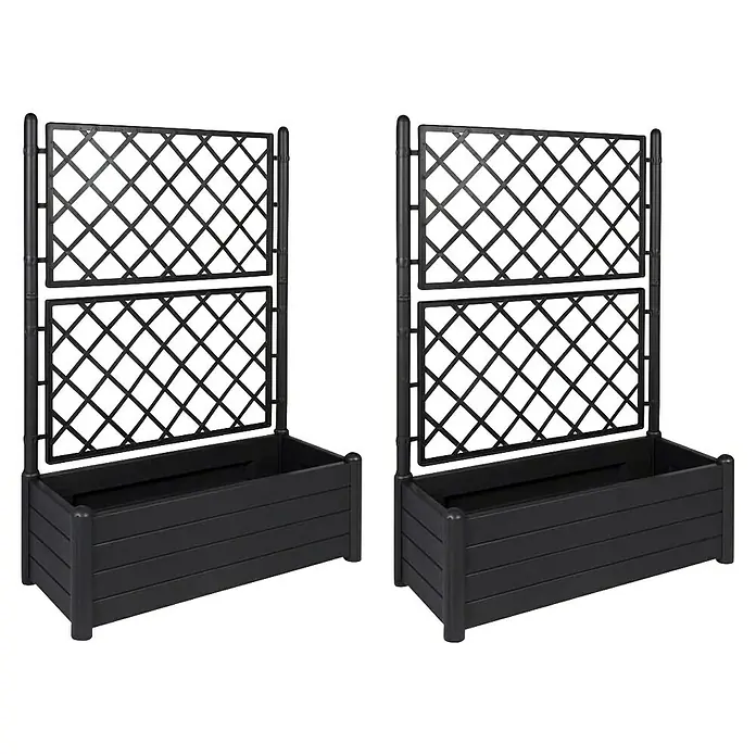 Pflanzkasten Set - Außenmaß (L x B x H): 100 x 43 x 142 cm, Kunststoff, Anthrazit, mit Spalier, 2 Stk. - Schwarzer Pflanzkübel aus Kunststoff mit Rankgitter für Kletterpflanzen.