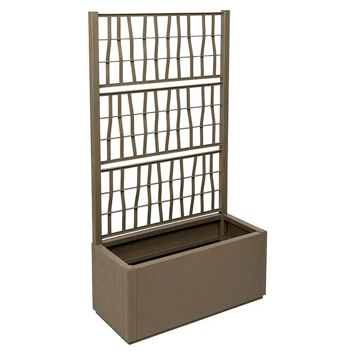 Pflanzkasten Set - Außenmaß (L x B x H): 80 x 36 x 140 cm, Kunststoff, Taupe, mit Spalier, 2 Stk. - Brauner rechteckiger Pflanzkübel mit integriertem hohem Gitter-Spalier für Kletterpflanzen aus strukturiertem Verbundmaterial.