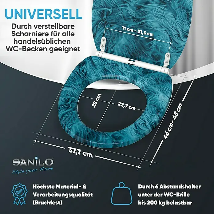 SANILO WC-Sitz Fluffy mit Schnellverschluss - MDF, Blau, Mit Absenkautomatik
