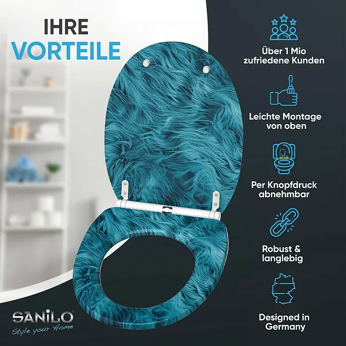 SANILO WC-Sitz Fluffy mit Schnellverschluss - MDF, Blau, Mit Absenkautomatik