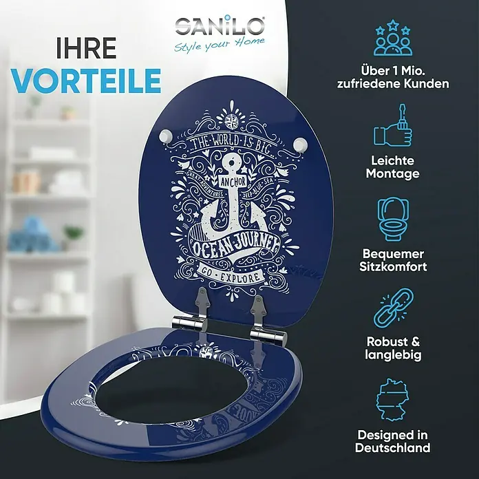 SANILO WC-Sitz Anker mit Absenkautomatik - MDF, Blau, Mit Absenkautomatik