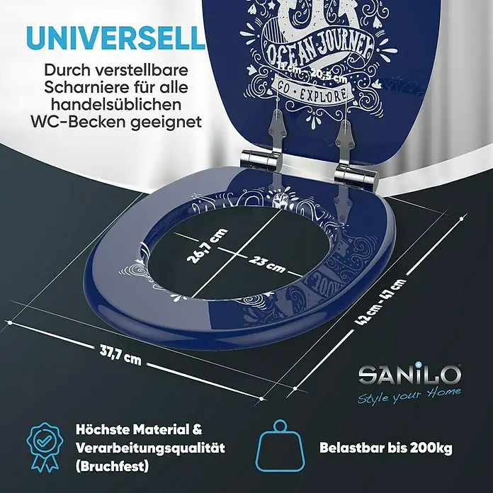 SANILO WC-Sitz Anker mit Absenkautomatik - MDF, Blau, Mit Absenkautomatik