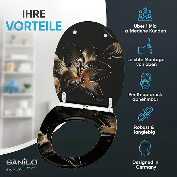 SANILO WC-Sitz Aurelia mit Schnellverschluss - MDF, Schwarz, Mit Absenkautomatik