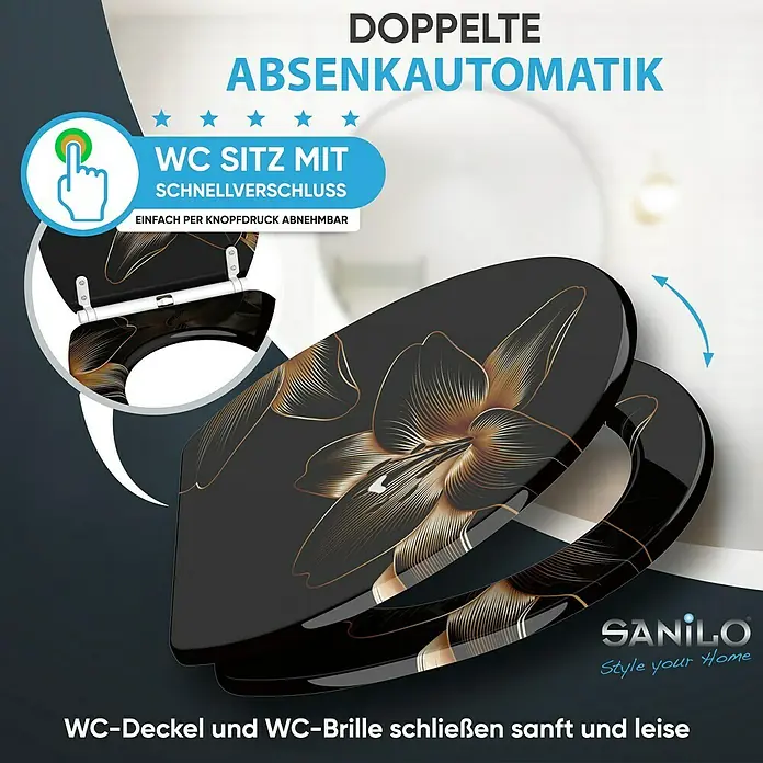 SANILO WC-Sitz Aurelia mit Schnellverschluss - MDF, Schwarz, Mit Absenkautomatik