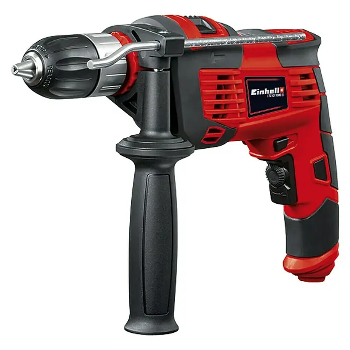 Einhell Taladro percutor TC-ID 1000 E Kit - 1.010 W, Portabrocas de sujeción rápida - Un taladro de impacto Einhell rojo con mango negro, ideal para proyectos de bricolaje.