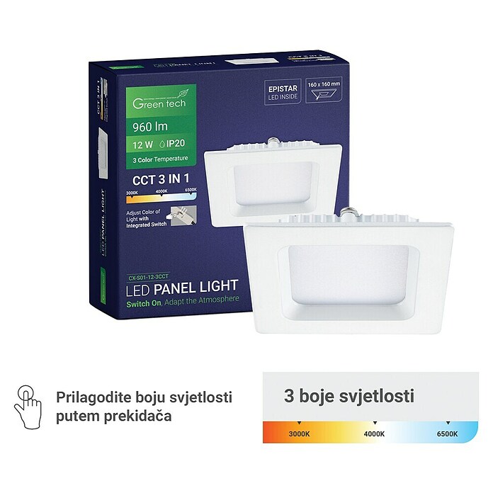 Green Tech Ugradbena LED svjetiljka  (12 W, D x Š x V: 170 x 170 x 25 mm, Bijela) | BAUHAUS