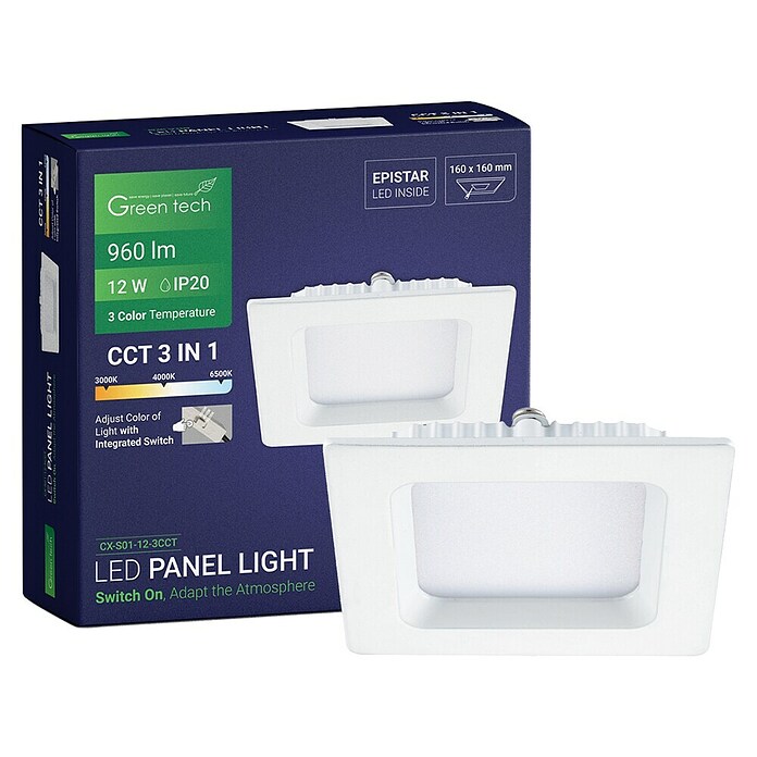 Green Tech Ugradbena LED svjetiljka  (12 W, D x Š x V: 170 x 170 x 25 mm, Bijela) | BAUHAUS