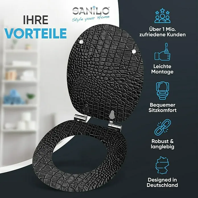 SANILO WC-Sitz Leder mit Absenkautomatik - MDF, Schwarz, Mit Absenkautomatik