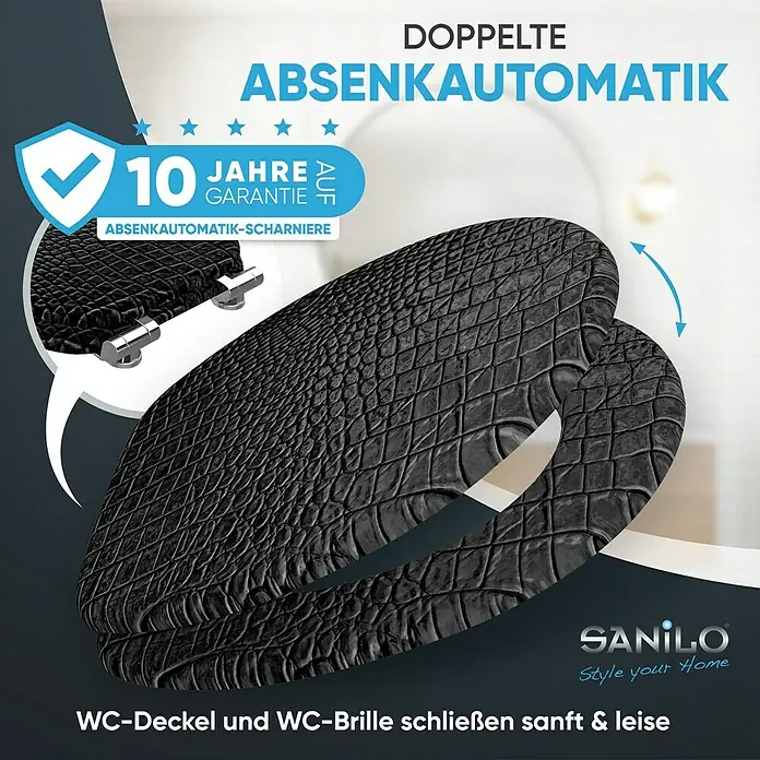 SANILO WC-Sitz Leder mit Absenkautomatik - MDF, Schwarz, Mit Absenkautomatik