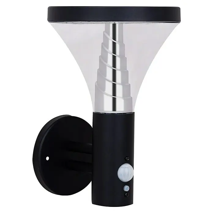 Luceco Aplique solar para exterior Dolce - 5 W, L x An x Al: 17,5 x 16 x 23,9 cm, Negro, IP44, 520 lm - Luz exterior de pared negra con difusor cónico blanco y sensor de movimiento integrado.