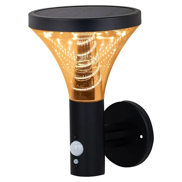 Luceco Aplique solar para exterior Dolce - 5 W, L x An x Al: 17,5 x 16 x 23,9 cm, Negro, IP44, 520 lm - Aplique de pared solar negro con efecto LED espiral amarillo cálido y sensor de movimiento.