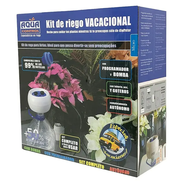 Altadex Riego para vacaciones - Plástico - Embalaje del producto para un kit de riego vacacional Aqua Control, que automatiza el cuidado de las plantas.