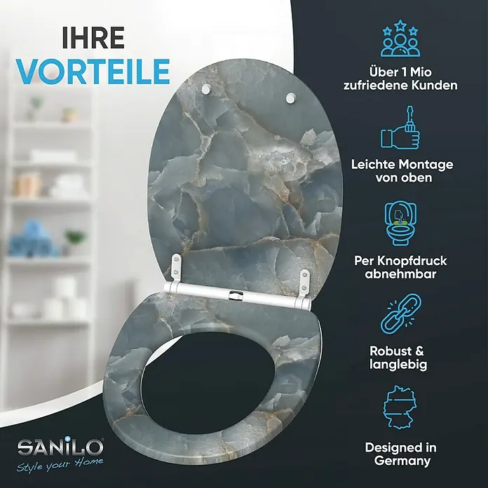 SANILO WC-Sitz Marmor Italia mit Schnellverschluss - MDF, Grau, Mit Absenkautomatik